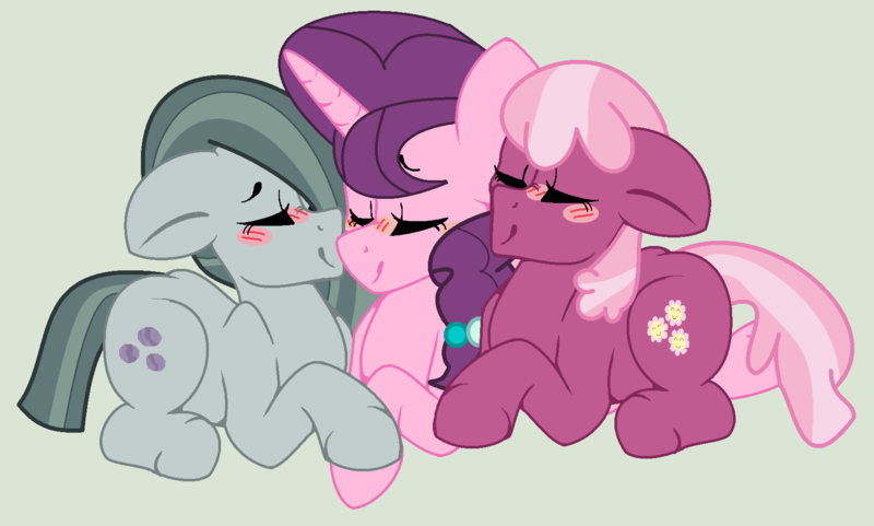 Size: 1650x992 | Tagged: safe, artist:jadethepegasus, artist:quillwithnochill, derpibooru import, cheerilee, marble pie, sugar belle, earth pony, pony, unicorn, base used, blushing, female, hair over one eye, image, kiss on the cheek, kiss sandwich, kissing, lesbian, marbelle, marbilee, mare, nuzzling, png, polyamory, shipping, sugarlee, sugarmarilee
