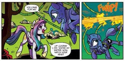Size: 977x477 | Tagged: safe, derpibooru import, idw, princess celestia, princess luna, alicorn, pony, legends of magic, spoiler:comic, spoiler:comiclom1, alternate dimension, alternate universe, crying, dark forest, female, image, jpeg, nightmare moon armor, sibling love, siblings, sisterly love, sisters, tail, tail pull, tears of joy, teary eyes, tree, vine, young celestia, young luna