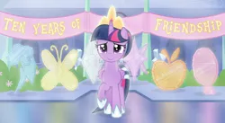 Size: 5750x3150 | Tagged: safe, artist:devfield, derpibooru import, twilight sparkle, twilight sparkle (alicorn), alicorn, pony, absurd resolution, banner, building, bush, clothes, crepuscular rays, crown, crystal, crystal empire, cute, cutie mark, doorway, female, flower, folded wings, glow, happy birthday mlp:fim, hoof shoes, horn, image, jewelry, mare, mlp fim's tenth anniversary, png, raised hoof, reflection, regalia, show accurate, smiling, solo, sparkles, stairs, street, tail accessory, twiabetes, vector, window, wings