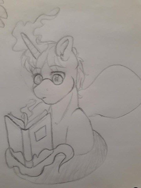 Size: 720x960 | Tagged: safe, artist:silentwolf-oficial, derpibooru import, oc, unofficial characters only, pony, unicorn, book, bust, glasses, glowing horn, grayscale, horn, image, jpeg, lineart, magic, monochrome, reading, solo, telekinesis, traditional art, unicorn oc