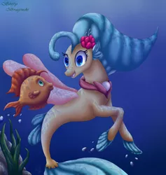 Size: 2383x2517 | Tagged: safe, artist:shiftybraginski, derpibooru import, princess skystar, fish, seapony (g4), my little pony: the movie, blue eyes, bubble, crepuscular rays, digital art, dorsal fin, female, fins, fin wings, fish tail, flower, flower in hair, flowing mane, image, jewelry, jpeg, looking up, necklace, ocean, open mouth, pearl necklace, seaweed, smiling, solo, tail, underwater, water, wings