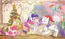 Size: 3415x2081 | Tagged: safe, artist:nendo, derpibooru import, apple bloom, applejack, fluttershy, pinkie pie, rainbow dash, rarity, scootaloo, sweetie belle, twilight sparkle, twilight sparkle (alicorn), alicorn, earth pony, pegasus, pony, unicorn, blank flank, candy, candy cane, carrying, christmas, christmas decoration, christmas tree, clothes, cute, cutie mark crusaders, decorating, eyes closed, female, filly, flying, food, garland, hat, high res, holiday, hoof hold, image, indoors, mane six, mare, open mouth, pinkie being pinkie, png, present, ribbon, sack, santa hat, scarf, sitting, spread wings, tree, wings