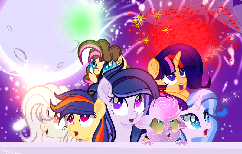 Size: 1365x866 | Tagged: safe, artist:whiteplumage233, derpibooru import, oc, oc:gentle breeze, unofficial characters only, hybrid, pony, unicorn, base used, female, fireworks, image, interspecies offspring, mare, moon, movie accurate, offspring, parent:cheese sandwich, parent:discord, parent:flash sentry, parent:fluttershy, parent:pinkie pie, parent:twilight sparkle, parents:cheesepie, parents:discoshy, parents:flashlight, png