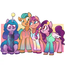 Size: 2048x2048 | Tagged: safe, artist:pfeffaroo, derpibooru import, hitch trailblazer, izzy moonbow, pipp petals, sunny starscout, earth pony, pegasus, pony, unicorn, abstract background, braid, clothes, female, g5, grin, high res, hoodie, horn, horn guard, horn impalement, hornball, image, izzy's tennis ball, male, mare, open mouth, png, sitting, smiling, stallion, sweater, teeth, tennis ball, unshorn fetlocks