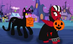 Size: 1280x772 | Tagged: safe, artist:lynnthenerdkitty, derpibooru import, oc, oc:outil, oc:shatter misty cloud, ponified, earth pony, pegasus, pony, animal costume, cat costume, clothes, costume, crossover, dracula, halloween, halloween costume, holiday, image, jpeg, kigurumi, mouth hold, pumpkin bucket, shatter (transformers), transformers, vampire costume