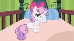 Size: 1453x821 | Tagged: safe, artist:sollace, derpibooru import, sweetie belle, pony, unicorn, somepony to watch over me, .svg available, accessory swap, apple bloom's bed, apple bloom's bow, bed, bow, cute, derpibooru exclusive, diasweetes, female, hair bow, hoof over eye, image, laying on bed, looking at you, lying down, nervous, on bed, png, raised hoof, scrunchy face, sleepy, solo, vector, wiping, wiping eye