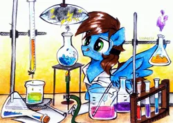 Size: 3064x2182 | Tagged: safe, artist:liaaqila, derpibooru import, oc, oc:blue scroll, unofficial characters only, pegasus, pony, chemistry, clothes, image, jpeg, lab coat, laboratory, male, safety goggles, traditional art