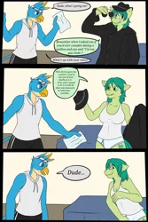 Size: 2000x3000 | Tagged: suggestive, artist:axelferdinan, artist:beholdervee, derpibooru import, gallus, sandbar, anthro, breasts, briefs, clothes, collaboration, comic, commission, covering, dialogue, female, gallbar, gay, image, implied transgender transformation, male, male to female, misspelling, png, rule 63, sandbank, shipping, straight, tanktop, text, trenchcoat, underwear