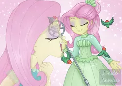 Size: 1754x1240 | Tagged: safe, artist:nadiakaizane, derpibooru import, fluttershy, bird, equestria girls, equestria girls series, so much more to me, clothes, cute, dress, eyeshadow, female, image, makeup, microphone, png, shyabetes, singing, smiling