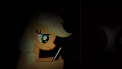 Size: 1920x1080 | Tagged: safe, artist:horses are fuckin weird, derpibooru import, applejack, pinkie pie, earth pony, pony, creepy, five nights at freddy's, five nights at pinkie's, hoof hold, image, night guard, nightmare fuel, png, scared, tablet, tired, when you see it