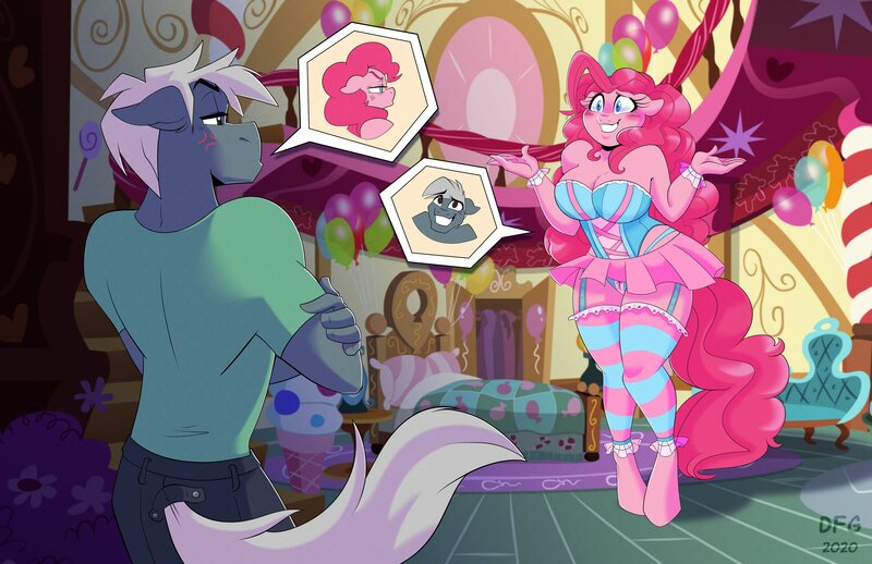 Size: 4055x2624 | Tagged: suggestive, artist:dragonfoxgirl, artist:mlp-silver-quill, derpibooru import, pinkie pie, oc, anthro, earth pony, pony, unguligrade anthro, angry, blushing, body swap, breasts, busty pinkie pie, clothes, commission, corset, cross-popping veins, earth pony oc, female, garter belt, garter straps, image, jpeg, legs together, leotard, lingerie, male, mare, microskirt, panties, pinkie's bedroom, skirt, socks, stallion, stockings, striped socks, thigh highs, thong, underwear