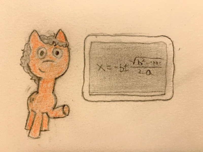 Size: 4032x3024 | Tagged: safe, artist:nbj, derpibooru import, oc, oc:redundant proof, earth pony, pony, chalkboard, derpibooru exclusive, disguise, disguised changeling, earth pony oc, facing you, image, jpeg, looking at you, math, quadratic formula, solo, traditional art