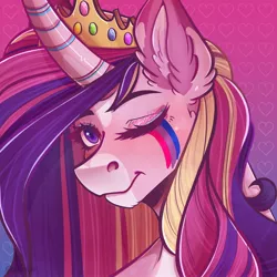 Size: 2048x2048 | Tagged: safe, alternate version, artist:rubimlp6, derpibooru import, princess cadance, alicorn, pony, bisexual pride flag, crown, face paint, female, headcanon, image, jewelry, jpeg, lgbt headcanon, mare, markings, one eye closed, pink background, pride, pride flag, redesign, regalia, sexuality headcanon, simple background, solo, wink