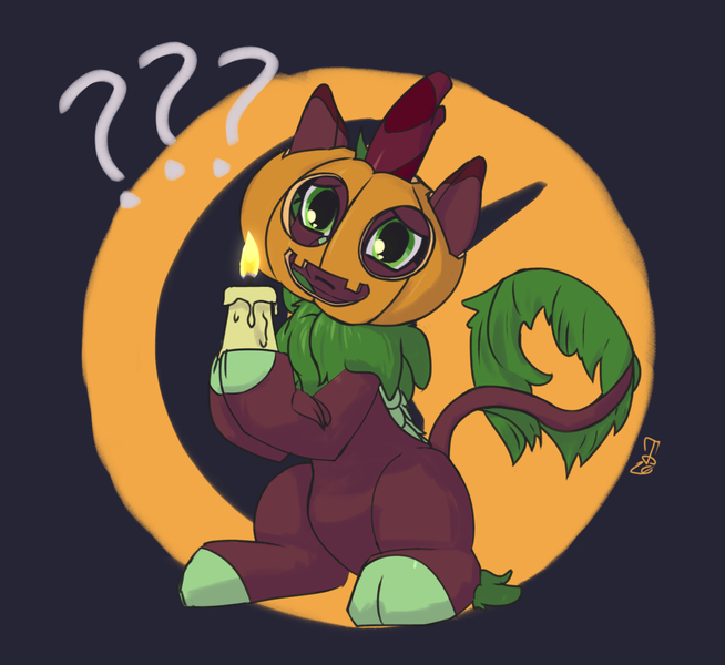 Size: 1200x1101 | Tagged: safe, artist:brownie-bytes, derpibooru import, cinder glow, summer flare, kirin, candle, confused, halloween, head tilt, holiday, image, jack-o-lantern, nightmare night, png, pumpkin, pumpkin mask, question mark, signature, sitting, solo