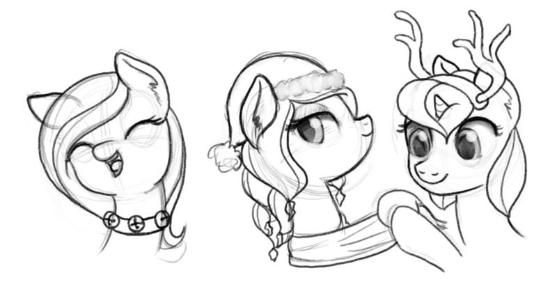 Size: 1250x664 | Tagged: safe, artist:nimaru, derpibooru import, oc, oc:luau, oc:rose petal, oc:winter willow, unofficial characters only, pony, antlers, christmas, female, hat, holiday, image, jpeg, mare, monochrome, santa hat