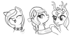 Size: 1250x664 | Tagged: safe, artist:nimaru, derpibooru import, oc, oc:luau, oc:rose petal, oc:winter willow, unofficial characters only, pony, antlers, christmas, female, hat, holiday, image, jpeg, mare, monochrome, santa hat