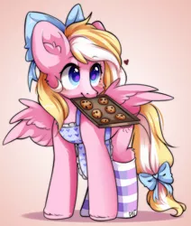 Size: 700x824 | Tagged: safe, artist:pledus, derpibooru import, oc, oc:bay breeze, unofficial characters only, pegasus, pony, apron, blushing, bow, clothes, cookie, cute, female, food, hair bow, image, looking up, mare, mouth hold, ocbetes, png, simple background, socks, striped socks, tail bow
