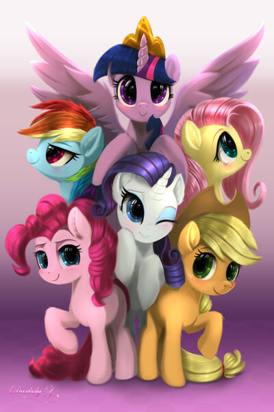 Size: 3000x4500 | Tagged: safe, artist:darksly, derpibooru import, applejack, fluttershy, pinkie pie, rainbow dash, rarity, twilight sparkle, twilight sparkle (alicorn), alicorn, earth pony, pegasus, pony, unicorn, cute, female, image, jpeg, mane six, mare, one eye closed, smiling, spread wings, wings, wink