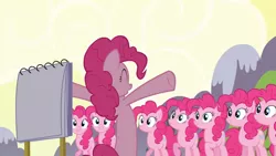 Size: 1366x768 | Tagged: safe, derpibooru import, screencap, pinkie pie, earth pony, pony, too many pinkie pies, bipedal, clones, hooves up, image, pinkie pie clones, png, sketch pad, solo