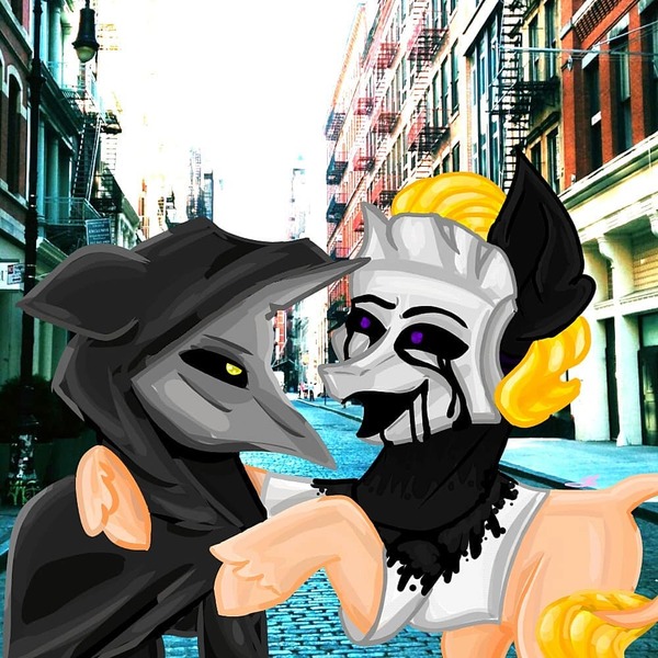 Size: 1000x1000 | Tagged: dead source, safe, alternate version, artist:princess_skyresh_glow, derpibooru import, ponified, earth pony, goo, pony, black sclera, black tears, cloak, clothes, duo, image, jpeg, laughing, leonine tail, mask, mind control, outdoors, plague doctor, possessed, scp, scp-035, scp-049, side hug, unshorn fetlocks