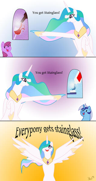 Size: 1784x3363 | Tagged: safe, artist:eritnger1000, derpibooru import, berry punch, berryshine, minuette, princess celestia, alicorn, earth pony, pony, unicorn, alcohol, comic, female, image, jpeg, meme, oprah, parody, stained glass, toothpaste, wine