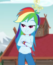 Size: 572x698 | Tagged: suggestive, artist:breezietype, derpibooru import, rainbow dash, equestria girls, legend of everfree, areola, belly button, breasts, busty rainbow dash, chubby, chubby dash, clothes, image, partial nudity, plump, png, topless, topless edit