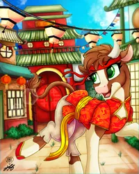 Size: 2000x2500 | Tagged: safe, artist:stainedglasslighthea, derpibooru import, arizona cow, cow, them's fightin' herds, belt, building, bush, chinese dress, chinese new year, clothes, commission, community related, dress, female, flats, headband, hoof shoes, horns, image, lantern, lunar new year, open mouth, pants, png, raised hoof, raised leg, shoes, solo, ych result, year of the ox