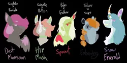 Size: 1280x640 | Tagged: safe, artist:lepiswerid, derpibooru import, oc, oc:dust monsoon, oc:embroidery, oc:hip mash, oc:snow emerald, oc:sprout, earth pony, pegasus, pony, unicorn, angry, anxiety, blind, choker, colored wings, ear piercing, earring, glasses, horn, horn ring, image, jewelry, jpeg, offspring, parent:babs seed, parent:button mash, parent:diamond tiara, parent:featherweight, parent:rumble, parent:scootaloo, parent:silver spoon, parent:snails, parent:snips, parent:sweetie belle, parents:diamondsnail, parents:featherseed, parents:rumbloo, parents:silversnips, parents:sweetiemash, piercing, ring, smug, text, unimpressed, wings