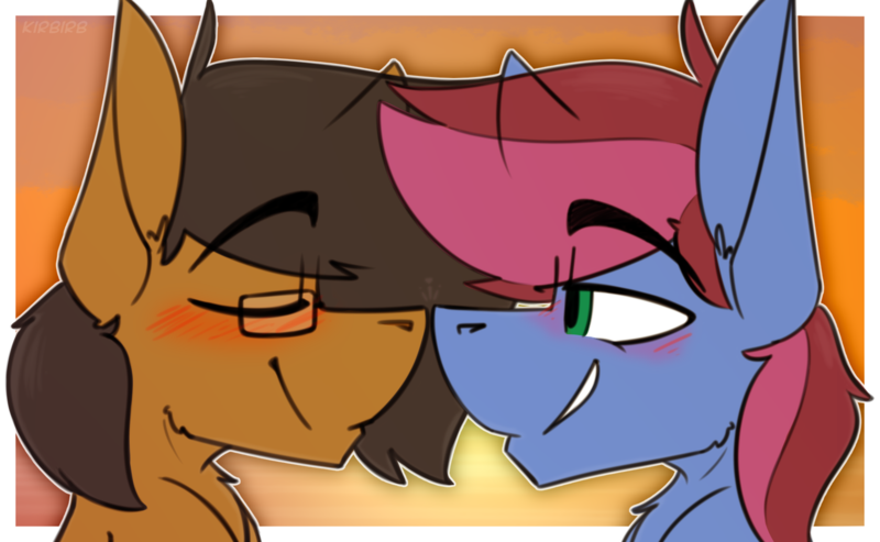 Size: 1576x971 | Tagged: safe, artist:kirbirb, derpibooru import, oc, oc:blue petal, oc:notetaker, unofficial characters only, earth pony, pony, blushing, boop, gay, glasses, image, male, nuzzling, png, stallion, sunset