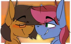 Size: 1576x971 | Tagged: safe, artist:kirbirb, derpibooru import, oc, oc:blue petal, oc:notetaker, unofficial characters only, earth pony, pony, blushing, boop, gay, glasses, image, male, nuzzling, png, stallion, sunset