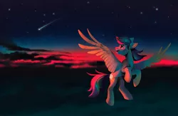 Size: 2048x1336 | Tagged: safe, artist:dearmary, derpibooru import, oc, oc:sierra nightingale, unofficial characters only, pegasus, pony, flying, image, jpeg, shooting star, smiling, solo, spread wings, twilight (astronomy), wings