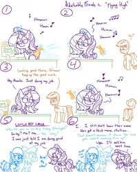 Size: 4779x6013 | Tagged: safe, artist:adorkabletwilightandfriends, derpibooru import, starlight glimmer, oc, oc:cindy, oc:ellen, oc:gray, earth pony, pony, unicorn, comic:adorkable twilight and friends, adorkable, adorkable friends, blushing, butt, checkstand, cleaning, clothes, comic, compliment, cute, dork, eyes on the prize, glowing horn, grocery store, happy, horn, humming, image, jeans, magic, male, music, name tag, pants, plot, png, polo shirt, possible flirt?, relationship, slice of life, smiling, stallion, store, stubble, subtle, teasing, telekinesis, towel, unknown pony, work