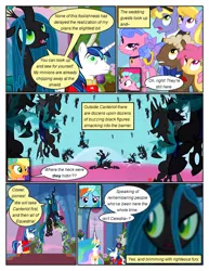 Size: 612x792 | Tagged: safe, artist:newbiespud, derpibooru import, edit, edited screencap, screencap, applejack, cloud kicker, dizzy twister, orange swirl, pinkie pie, ponet, princess celestia, queen chrysalis, rainbow dash, royal ribbon, sealed scroll, alicorn, changeling, changeling queen, earth pony, pegasus, pony, unicorn, comic:friendship is dragons, a canterlot wedding, background pony audience, clothes, comic, dialogue, dress, female, image, jewelry, looking up, male, mare, mind control, peytral, png, screencap comic, smiling, stallion, tiara