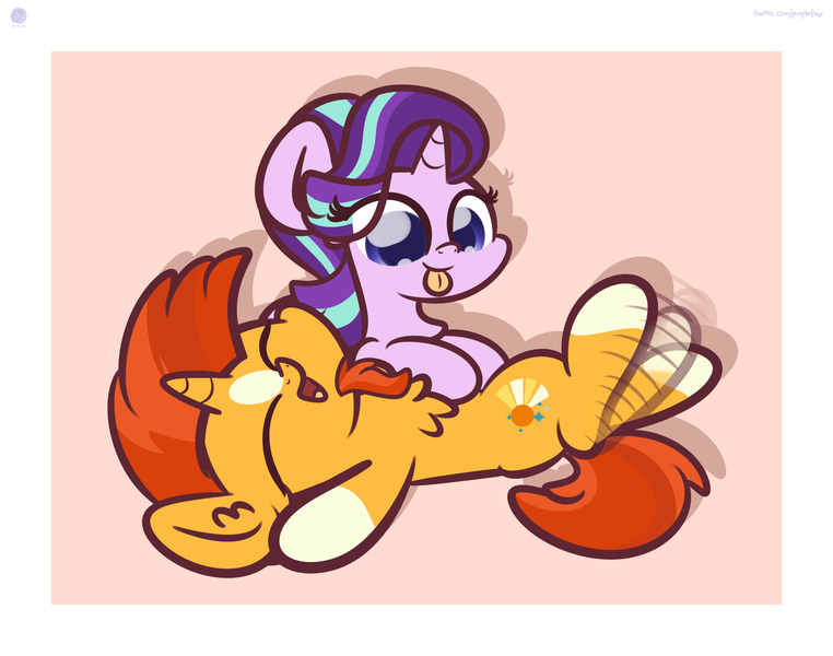 Size: 3250x2560 | Tagged: safe, artist:kimjoman, derpibooru import, starlight glimmer, sunburst, pony, unicorn, :p, beard, bellyrubs, chest fluff, cute, ear fluff, eyes closed, facial hair, female, glimmerbetes, image, leg twitch, male, mare, markings, missing accessory, open mouth, png, shipping, stallion, starburst, straight, sunbetes, tongue out, twitching