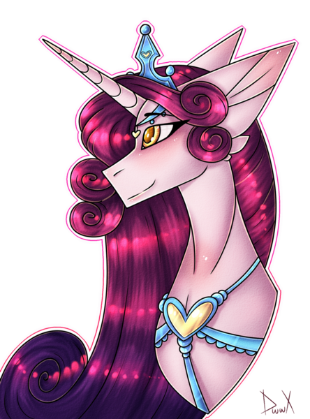 Size: 1024x1384 | Tagged: safe, artist:magnetjasdraw329, derpibooru import, princess amore, pony, unicorn, blushing, bust, crown, curly mane, eyelashes, female, horn, image, jewelry, long horn, long mane, png, portrait, regalia, signature, simple background, smiling, solo, transparent background, yellow eyes