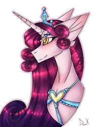 Size: 1024x1384 | Tagged: safe, artist:magnetjasdraw329, derpibooru import, princess amore, pony, unicorn, blushing, bust, crown, curly mane, eyelashes, female, horn, image, jewelry, long horn, long mane, png, portrait, regalia, signature, simple background, smiling, solo, transparent background, yellow eyes