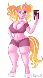 Size: 800x1428 | Tagged: suggestive, artist:professordoctorc, derpibooru import, luster dawn, anthro, unguligrade anthro, the last problem, big breasts, breasts, busty luster dawn, clothes, curved horn, cutie mark, female, horn, huge breasts, image, mobile phone, phone, png, simple background, white background
