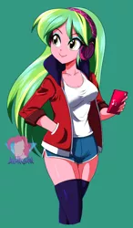 Size: 2558x4387 | Tagged: safe, artist:danmakuman, derpibooru import, lemon zest, equestria girls, breasts, cleavage, clothes, female, green background, headphones, image, jacket, mobile phone, phone, png, shorts, simple background, socks, solo, stockings, thigh highs, watermark, zettai ryouiki