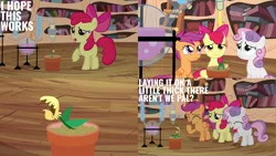 Size: 2000x1125 | Tagged: safe, derpibooru import, edit, edited screencap, editor:quoterific, screencap, apple bloom, scootaloo, sweetie belle, earth pony, pegasus, pony, unicorn, twilight time, bow, cutie mark crusaders, eyes closed, female, golden oaks library, image, library, open mouth, plant, png, solo, teeth, trio, trio female