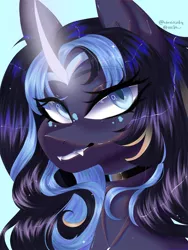 Size: 1536x2048 | Tagged: safe, artist:ulnessity, derpibooru import, oc, unofficial characters only, pony, unicorn, blue background, bust, choker, eyelashes, horn, image, jewelry, jpeg, necklace, simple background, solo, unicorn oc