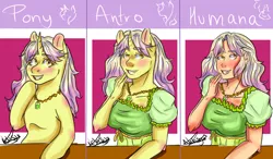 Size: 2834x1653 | Tagged: safe, artist:beyond_inside, derpibooru import, oc, oc:snow t. chaos, unofficial characters only, anthro, human, pony, unicorn, anthro with ponies, breasts, bust, clothes, female, horn, humanized, image, jpeg, mare, signature, smiling, unicorn oc