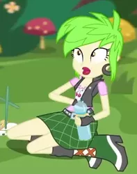 Size: 325x413 | Tagged: safe, derpibooru import, screencap, cherry crash, equestria girls, equestria girls series, lost and pound, spoiler:eqg series (season 2), boots, clothes, cropped, ear piercing, earring, female, image, jewelry, lost and pound: rarity, miniskirt, outdoors, piercing, plaid skirt, png, shoes, skirt, solo, vest, water bottle