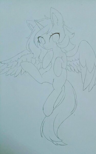 Size: 1280x2040 | Tagged: safe, artist:aleuoliver, derpibooru import, oc, unofficial characters only, alicorn, pony, alicorn oc, ear fluff, female, horn, image, jpeg, lineart, mare, monochrome, solo, traditional art, wings
