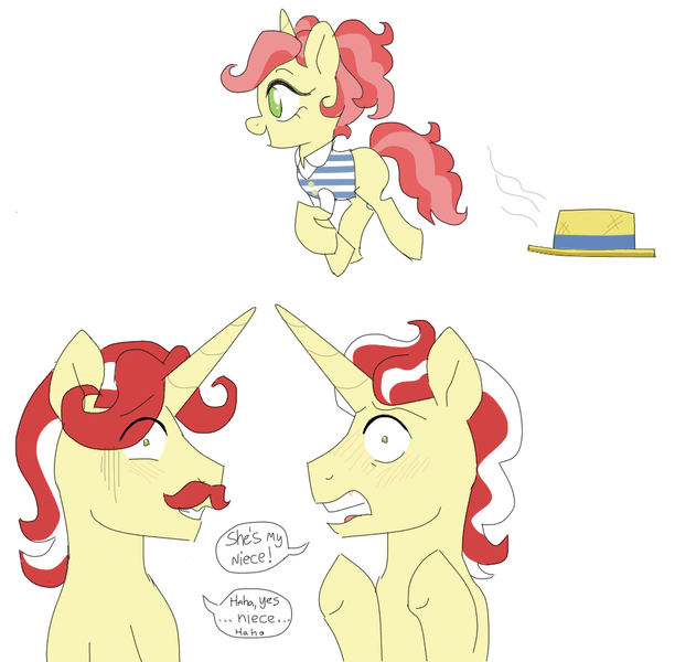 Size: 925x907 | Tagged: safe, artist:unoriginai, derpibooru import, flam, flim, oc, oc:conny, blatant lies, image, implied incest, magical gay spawn, offspring, parent:flam, parent:flim, parents:flimflam, png