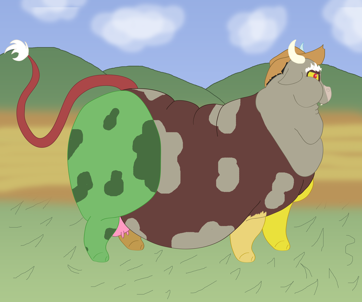 Size: 3600x3000 | Tagged: suggestive, artist:jacalope, artist:lupin quill, derpibooru import, discord, cow, draconequus, belly, bhm, chubby cheeks, cowboy hat, cowified, discow, fat, fatcord, hat, horns, image, multichin, obese, png, slob, species swap, udder