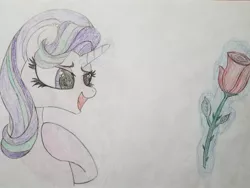 Size: 2016x1512 | Tagged: safe, artist:straighttothepointstudio, derpibooru import, edit, starlight glimmer, pony, unicorn, colored, ear fluff, flower, happy, hoof on chest, image, jpeg, long eyelashes, rose, solo