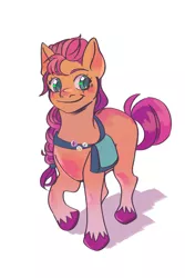 Size: 2000x3000 | Tagged: safe, artist:realivypool, derpibooru import, sunny starscout, earth pony, pony, badge, bag, braid, female, g5, high res, image, jpeg, mare, raised hoof, simple background, smiling, solo, unshorn fetlocks, white background