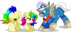 Size: 8400x3800 | Tagged: safe, artist:rainbowtashie, author:bigonionbean, derpibooru import, caboose, silver lining, silver zoom, oc, oc:air brakes, oc:rainbow tashie, earth pony, pegasus, pony, butt, clothes, commissioner:bigonionbean, conductor hat, cute, cutie mark, earth pony oc, extra thicc, female, flank, fusion, fusion:air brakes, goggles, hat, image, male, mare, plot, png, scarf, simple background, stallion, sweat, thicc ass, transparent background, uniform, wonderbolts, wonderbolts uniform