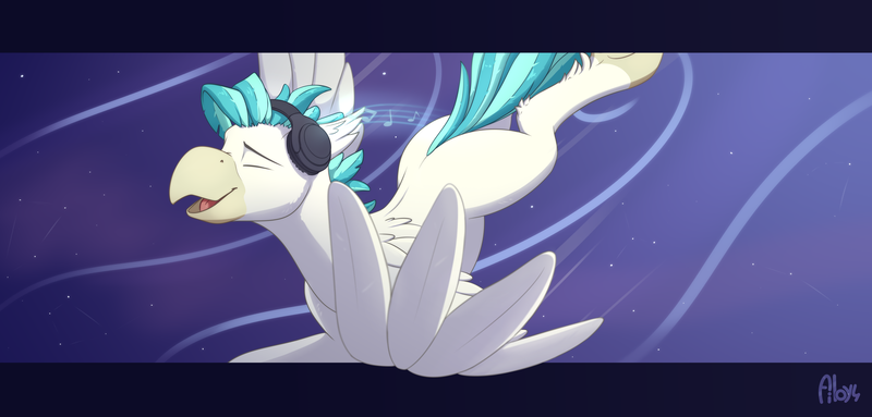 Size: 4500x2156 | Tagged: safe, artist:ailoy4, derpibooru import, terramar, hippogriff, eyes closed, flying, headphones, high res, image, male, night, png, solo