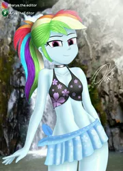 Size: 1800x2500 | Tagged: safe, artist:aryatheeditor, derpibooru import, rainbow dash, human, equestria girls, adorasexy, ass, bedroom eyes, belly, belly button, bikini, bikini top, breasts, bust, busty rainbow dash, butt, clothes, cute, cutie mark on human, digital art, female, geode of super speed, geode of telekinesis, glasses, hips, image, jewelry, jpeg, looking at you, magical geodes, midriff, miniskirt, outfit, ponytail, pose, real life background, regalia, sexy, shiny, skirt, sleeveless, smiling, smiling at you, solo, swimsuit, thicc ass, thick, thigh gap, thighs, waterfall